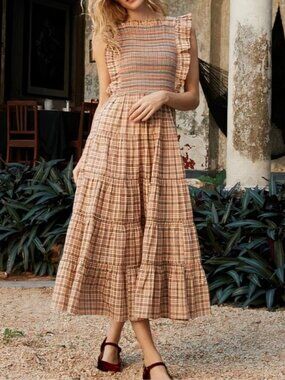 NWOT DÔEN Midi Plaid Arbor Smocked Dress